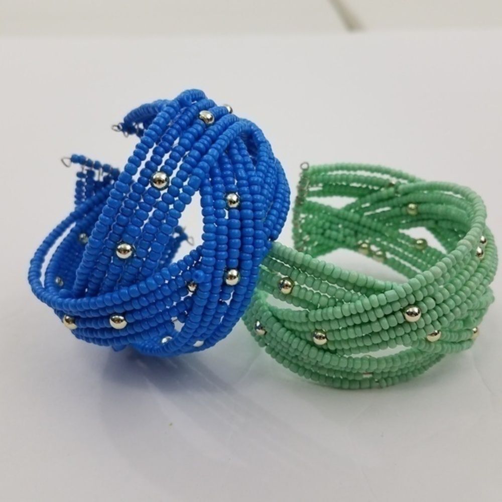 Lot 2‎ Cuff Bracelets Braided Beaded Gold Blue Gree